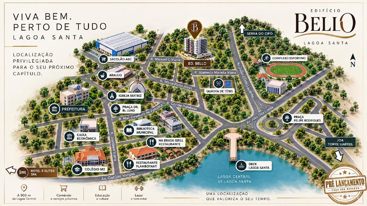 Mapa oficial do entorno do Edifício Bello no Centro de Lagoa Santa